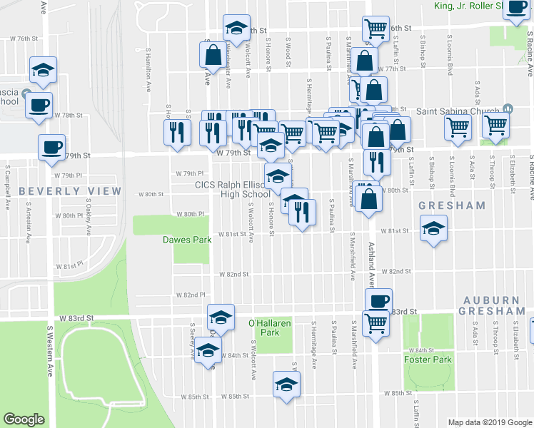 map of restaurants, bars, coffee shops, grocery stores, and more near 1817 West 80th Street in Chicago