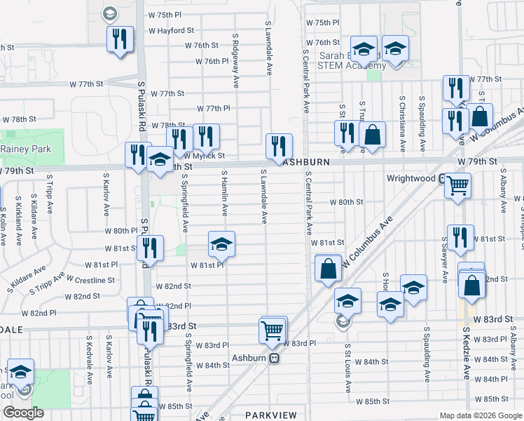 map of restaurants, bars, coffee shops, grocery stores, and more near 3646 West 80th Street in Chicago