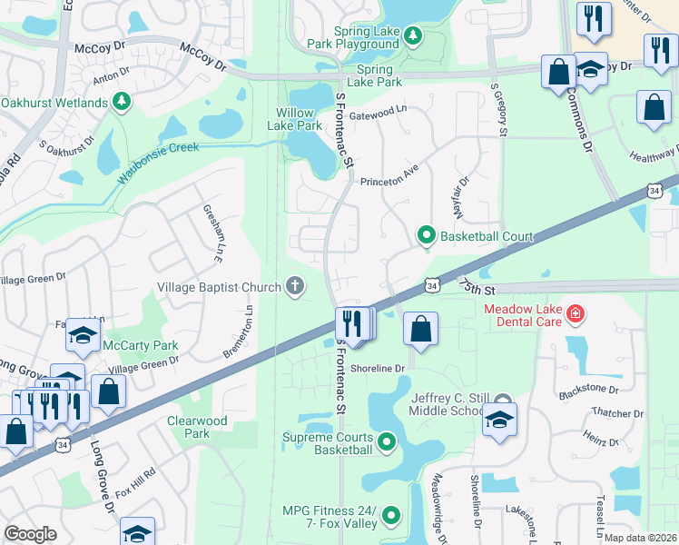 map of restaurants, bars, coffee shops, grocery stores, and more near 422 Park Ridge Lane in Aurora
