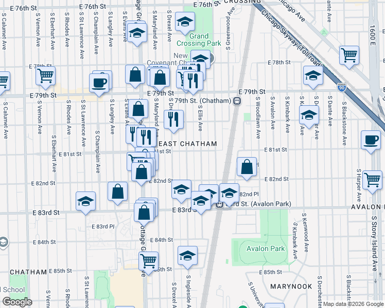 map of restaurants, bars, coffee shops, grocery stores, and more near 939 East 81st Street in Chicago
