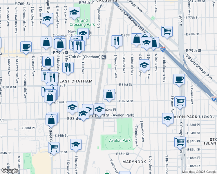 map of restaurants, bars, coffee shops, grocery stores, and more near 1133 East 81st Street in Chicago