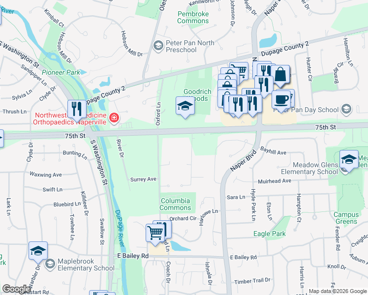 map of restaurants, bars, coffee shops, grocery stores, and more near 8S452 Bell Drive in Naperville