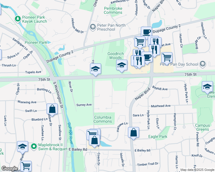 map of restaurants, bars, coffee shops, grocery stores, and more near 8S452 Bell Drive in Naperville