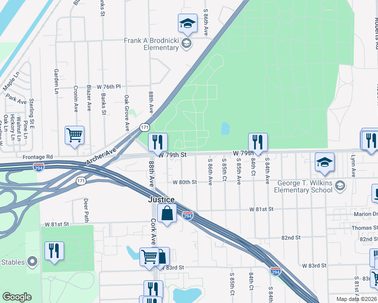 map of restaurants, bars, coffee shops, grocery stores, and more near in Justice