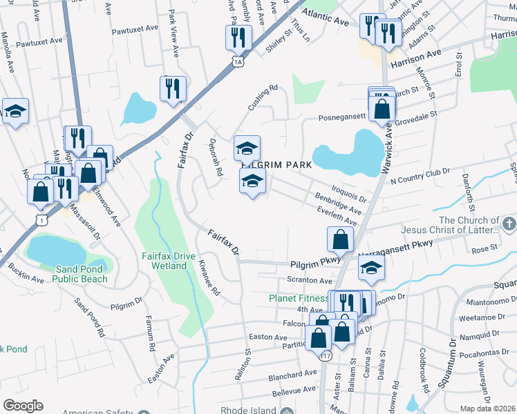 map of restaurants, bars, coffee shops, grocery stores, and more near in Warwick