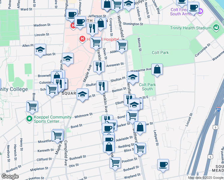 map of restaurants, bars, coffee shops, grocery stores, and more near 54 Benton Street in Hartford