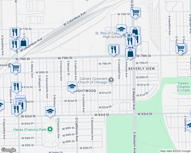 map of restaurants, bars, coffee shops, grocery stores, and more near 8011 South Talman Avenue in Chicago