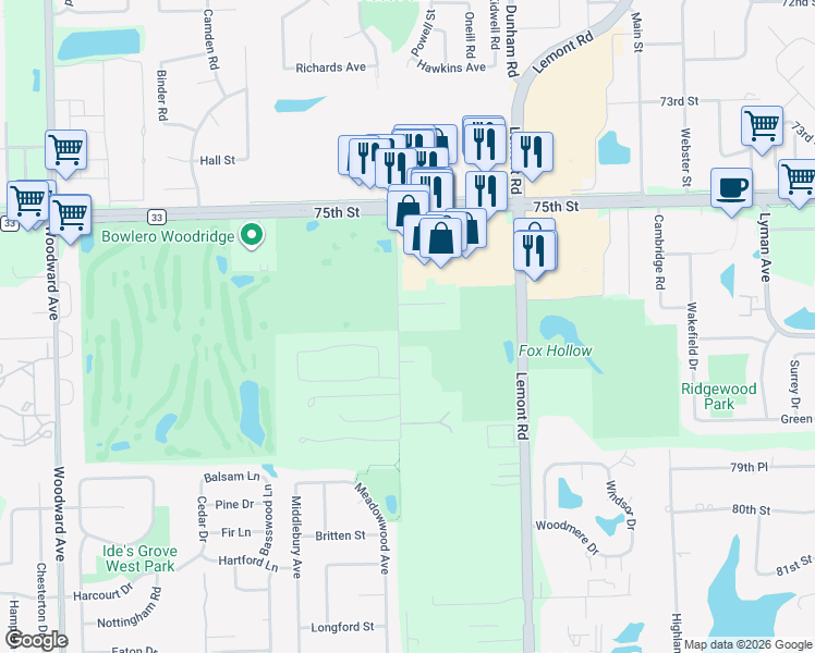 map of restaurants, bars, coffee shops, grocery stores, and more near 1128 Fox Woods Lane in Downers Grove