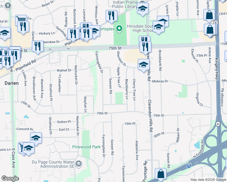 map of restaurants, bars, coffee shops, grocery stores, and more near 7714 Sawyer Road in Darien