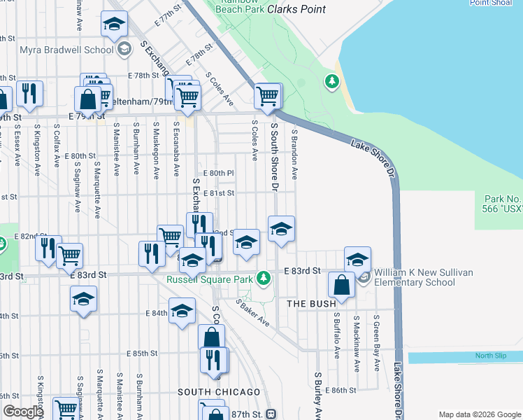 map of restaurants, bars, coffee shops, grocery stores, and more near 8127 South Coles Avenue in Chicago