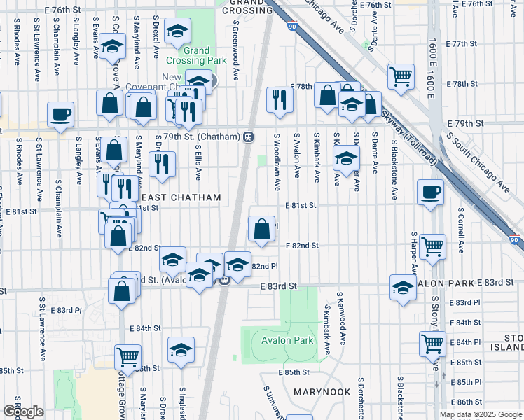 map of restaurants, bars, coffee shops, grocery stores, and more near 1135 East 81st Street in Chicago