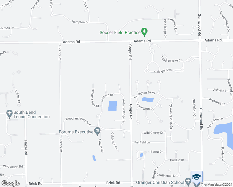 map of restaurants, bars, coffee shops, grocery stores, and more near 16621 Norwich Drive in Granger