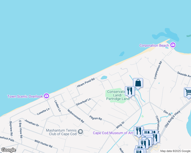 map of restaurants, bars, coffee shops, grocery stores, and more near 84 Hiram Pond Road in Dennis