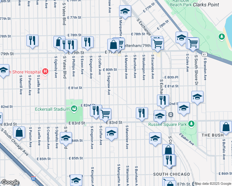 map of restaurants, bars, coffee shops, grocery stores, and more near 2643 East 81st Street in Chicago