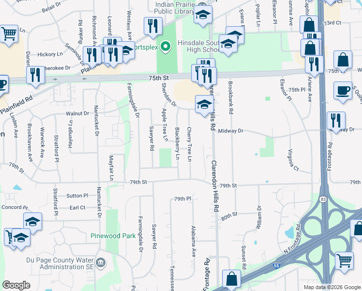 map of restaurants, bars, coffee shops, grocery stores, and more near 7713 Blackberry Lane in Willowbrook