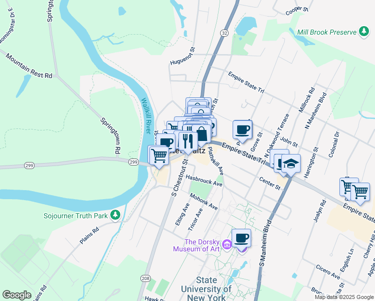map of restaurants, bars, coffee shops, grocery stores, and more near in New Paltz