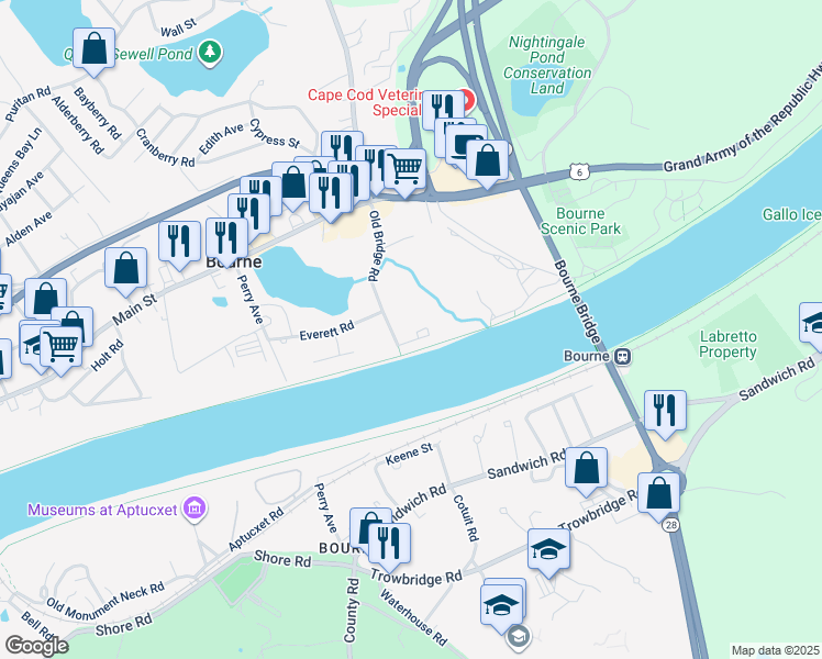 map of restaurants, bars, coffee shops, grocery stores, and more near 6 Honora Lane in Bourne