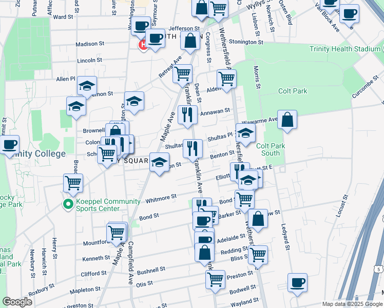 map of restaurants, bars, coffee shops, grocery stores, and more near 101 Shultas Place in Hartford