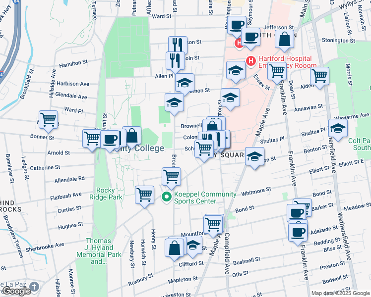 map of restaurants, bars, coffee shops, grocery stores, and more near 45 Colonial Street in Hartford