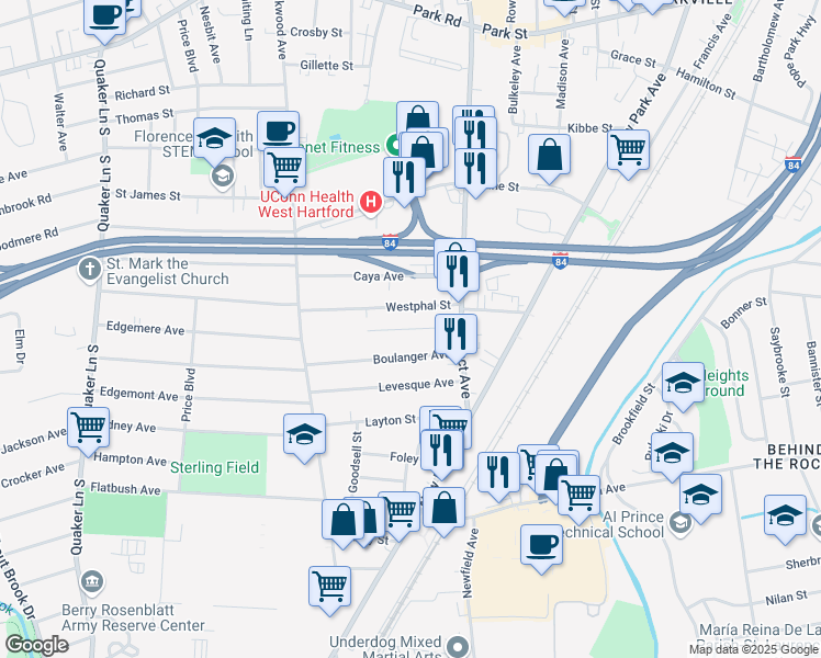map of restaurants, bars, coffee shops, grocery stores, and more near 39 Westphal Street in West Hartford