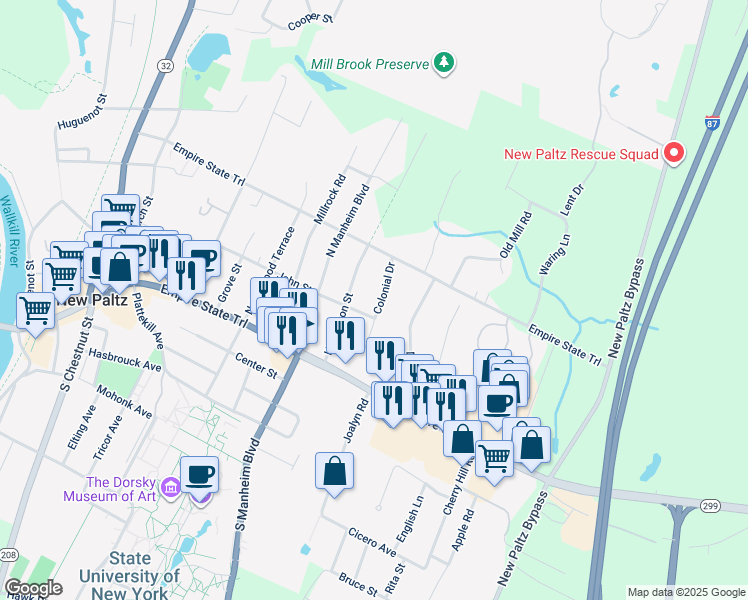 map of restaurants, bars, coffee shops, grocery stores, and more near 21 Colonial Drive in New Paltz