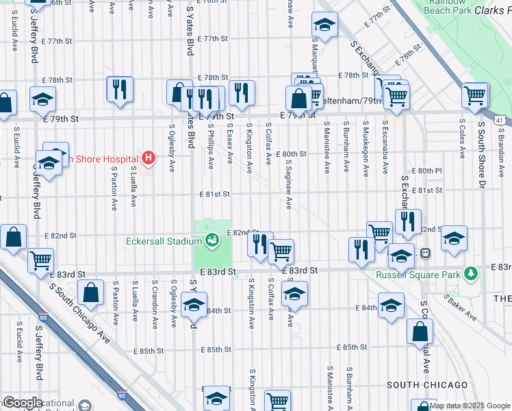 map of restaurants, bars, coffee shops, grocery stores, and more near 8105 South Kingston Avenue in Chicago