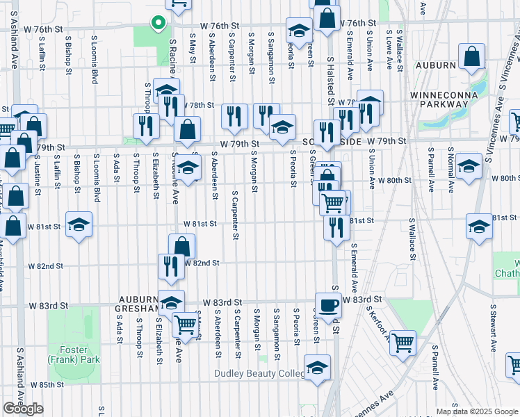 map of restaurants, bars, coffee shops, grocery stores, and more near 8022 South Sangamon Street in Chicago