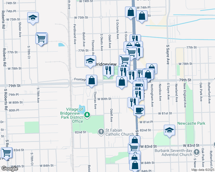 map of restaurants, bars, coffee shops, grocery stores, and more near in Bridgeview