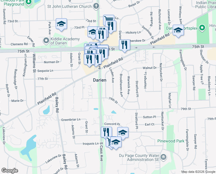 map of restaurants, bars, coffee shops, grocery stores, and more near 7710 Linden Avenue in Darien