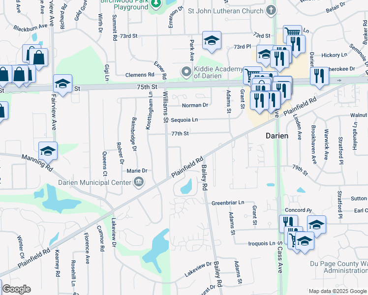 map of restaurants, bars, coffee shops, grocery stores, and more near 1518 Hawthorne Place in Darien