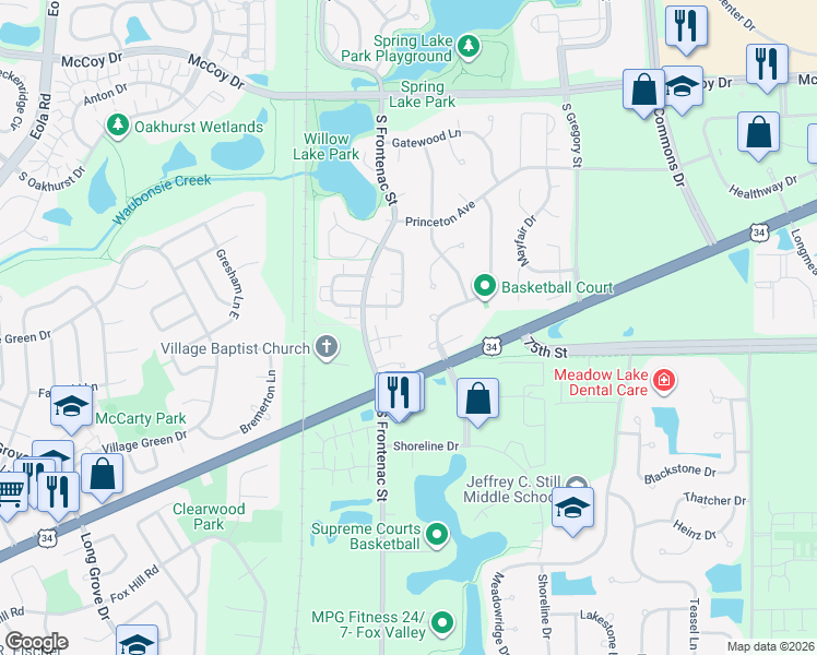 map of restaurants, bars, coffee shops, grocery stores, and more near 405 Meadow Lakes Boulevard in Aurora