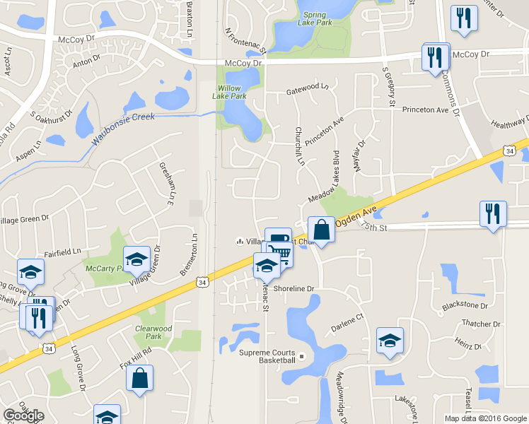 map of restaurants, bars, coffee shops, grocery stores, and more near 422 Park Ridge Lane in Aurora
