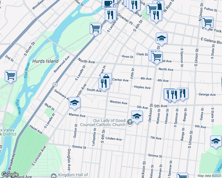 map of restaurants, bars, coffee shops, grocery stores, and more near 414 South 4th Street in Aurora