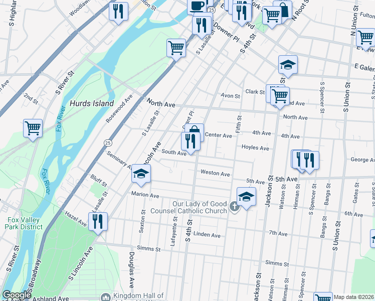 map of restaurants, bars, coffee shops, grocery stores, and more near 417 Sperry Court in Aurora