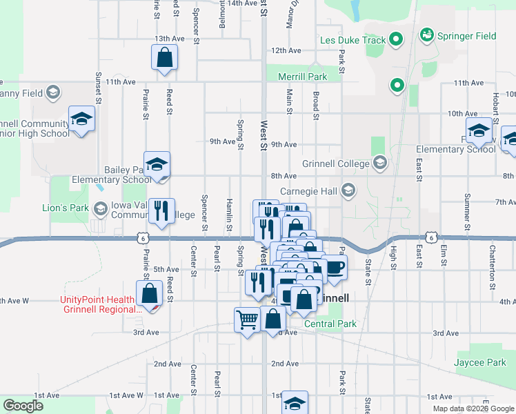 map of restaurants, bars, coffee shops, grocery stores, and more near 1100-1298 Spring Street in Grinnell