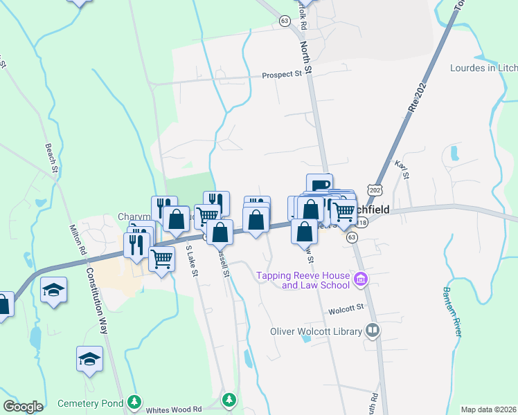 map of restaurants, bars, coffee shops, grocery stores, and more near 23 Spencer Street in Litchfield