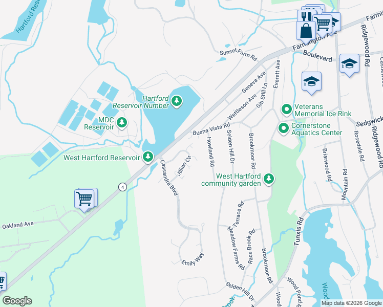 map of restaurants, bars, coffee shops, grocery stores, and more near 45 Howland Road in West Hartford