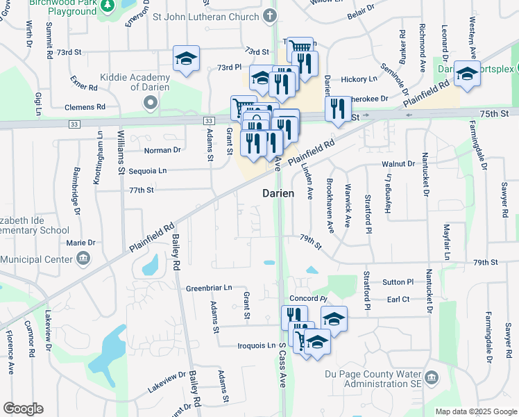 map of restaurants, bars, coffee shops, grocery stores, and more near 7710 Wildwood Court in Darien