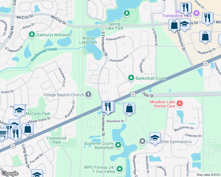 map of restaurants, bars, coffee shops, grocery stores, and more near 405 Meadow Lakes Boulevard in Aurora