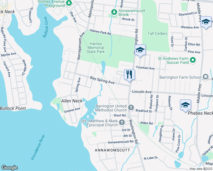 map of restaurants, bars, coffee shops, grocery stores, and more near 90 Bay Spring Avenue in Barrington