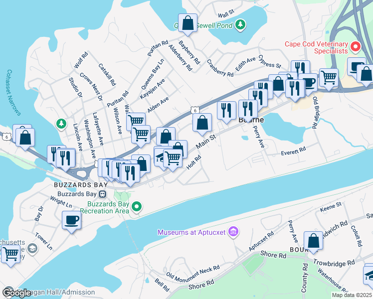 map of restaurants, bars, coffee shops, grocery stores, and more near 4 Harrison Avenue in Bourne