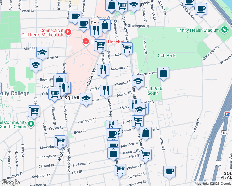 map of restaurants, bars, coffee shops, grocery stores, and more near 61-63 Shultas Place in Hartford