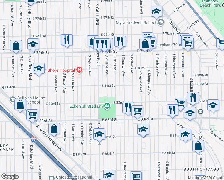 map of restaurants, bars, coffee shops, grocery stores, and more near 8114 South Essex Avenue in Chicago