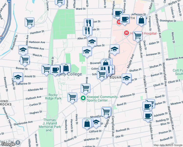map of restaurants, bars, coffee shops, grocery stores, and more near 62 School Street in Hartford
