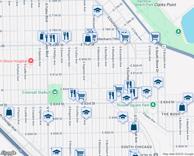 map of restaurants, bars, coffee shops, grocery stores, and more near 8114 South Manistee Avenue in Chicago