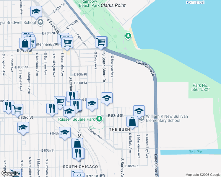 map of restaurants, bars, coffee shops, grocery stores, and more near 8109 South South Shore Drive in Chicago