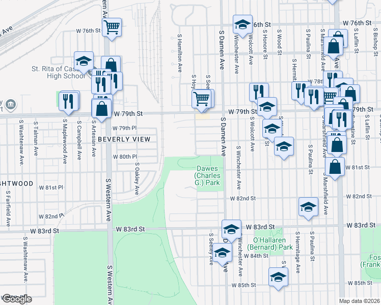 map of restaurants, bars, coffee shops, grocery stores, and more near 2155 West 80th Street in Chicago