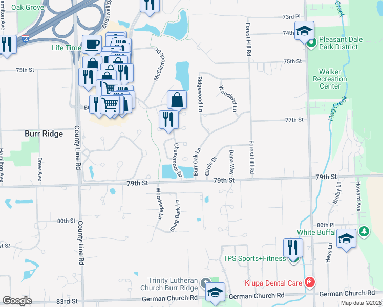 map of restaurants, bars, coffee shops, grocery stores, and more near 11560 Burr Oak Lane in Burr Ridge