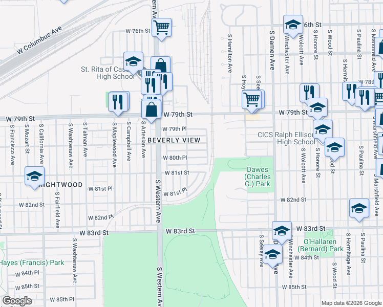 map of restaurants, bars, coffee shops, grocery stores, and more near 2233 West 80th Street in Chicago