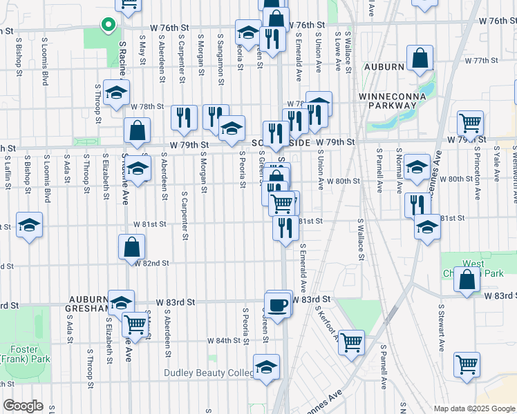 map of restaurants, bars, coffee shops, grocery stores, and more near 8027 South Green Street in Chicago
